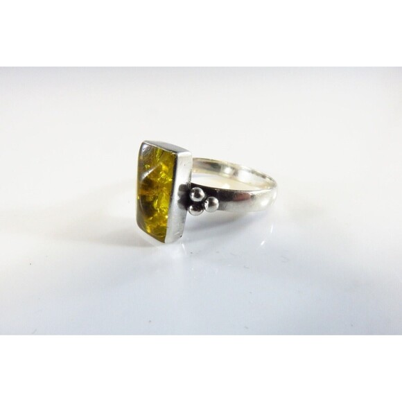 Honey Yellow Amber Rectangular Sugar Loaf Sterling Silver Ring Size 6.75 - Picture 4 of 6